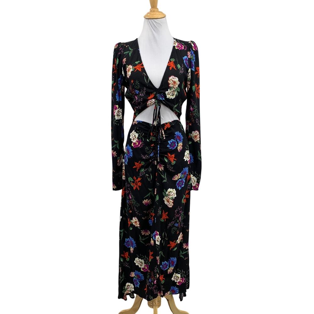 AFRM Dress Womens XS Black Midori Floral Motif Cinched Front V Neck Cut Out Midi